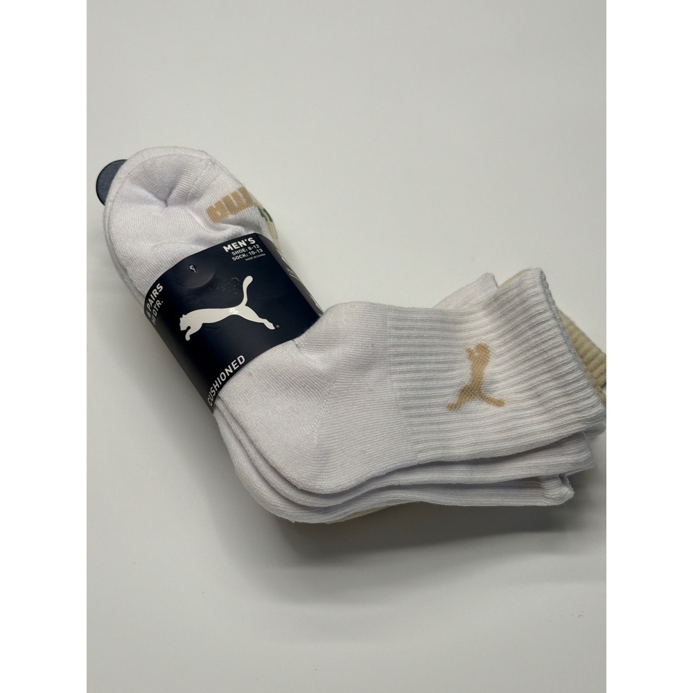 Puma Men's 6 Pair Cushioned Hi Quarter Socks White Beige Size 10-13